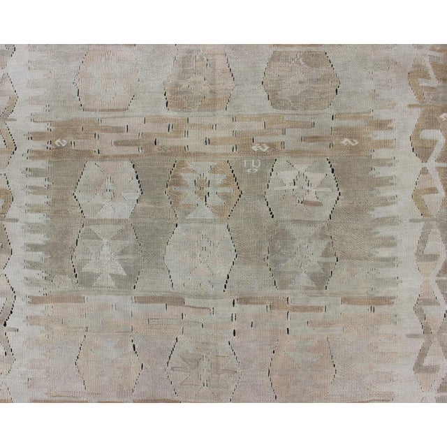 Cream, Brown, and Green Hand Woven Antique Turkish Kilim Flat-Weave Gallery Runner For Sale - Image 9 of 13