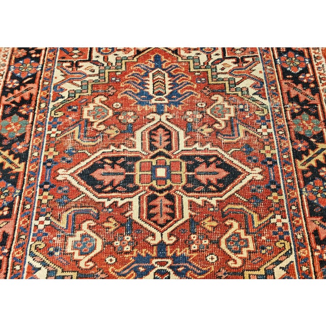 Vintage Persian Heriz Serapi Area Rug, Handwoven Geometric Pattern, Brick Red & Ivory, 4’ X 4’ For Sale - Image 4 of 12