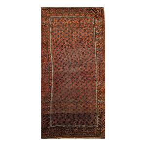 19th Century Turkmen Yomut Area Rug in Allover Geometric Pattern in Dark Red, Brown, French Blue