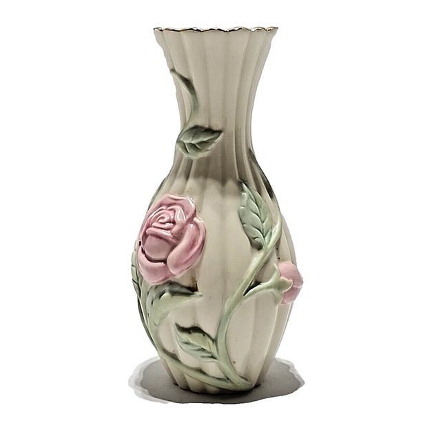 Mid-Century Modern Vintage Lenox Rose Bud Vase Raised 3d Flower Design Gold Rim For Sale - Image 3 of 6