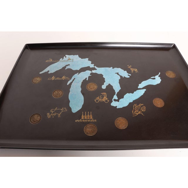 Black Large Mid-Century Black Resin Pigment and Brass Inlaid "Great Lakes" Tray by Couroc For Sale - Image 8 of 12