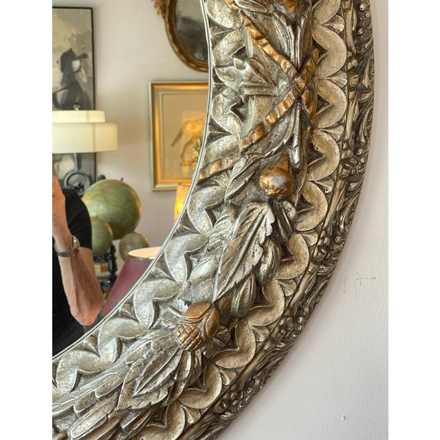 Late 20th Century Vintage Silver& Gilt Carved Large Round Wall Mirror For Sale - Image 5 of 12