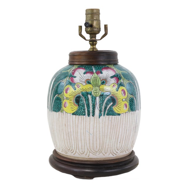 Antique Famille Rose Bok Choy Porcelain Table Lamp With Cabbage Leaf and Butterfly Motif For Sale