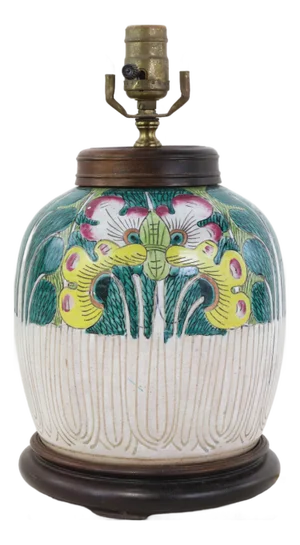 Antique Famille Rose Bok Choy Porcelain Table Lamp With Cabbage Leaf and Butterfly Motif