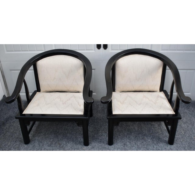 Vintage (1960's) Pair of Chairs have a Ming Style. The Maker is American of Martinsville. The Chairs are Wood with a Black...