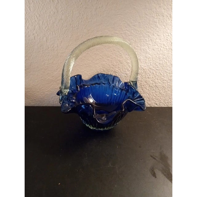 Glass 1980s Ruffled Cobalt Blue Basket Vase For Sale - Image 7 of 7