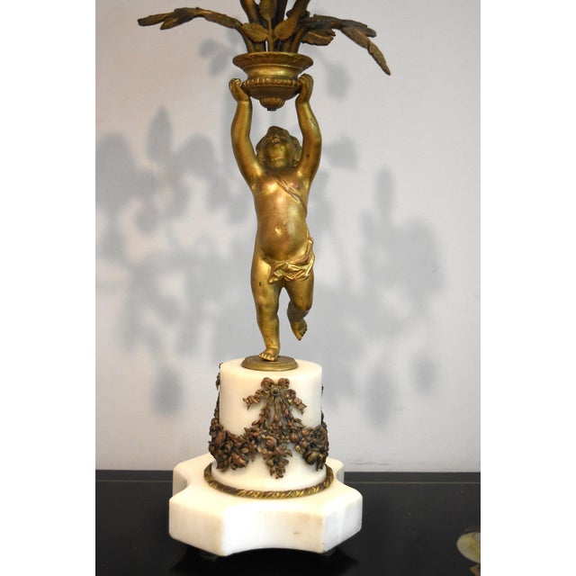 Metal French 19Th Century Louis XVI Style Gilt and Bronze Mounted Cherub Candelabras on White Marble Stands For Sale - Image 7 of 17