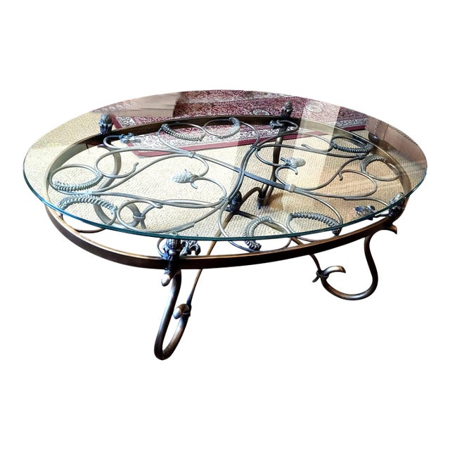 1990a Rustic Hand Wrought Iron & Tempered Glass Large Oval Coffee Table For Sale