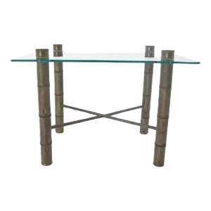 Faux Bamboo Brass X Base Square Glass Top Coffee Table Mid Century Modern