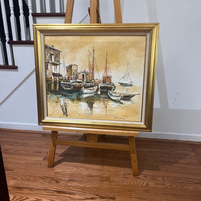 Impressionist 1970s Modern American Seascape Impressionist Style Oil on Canvas Titled Boats in the Harbour Framed Signed For Sale - Image 3 of 12
