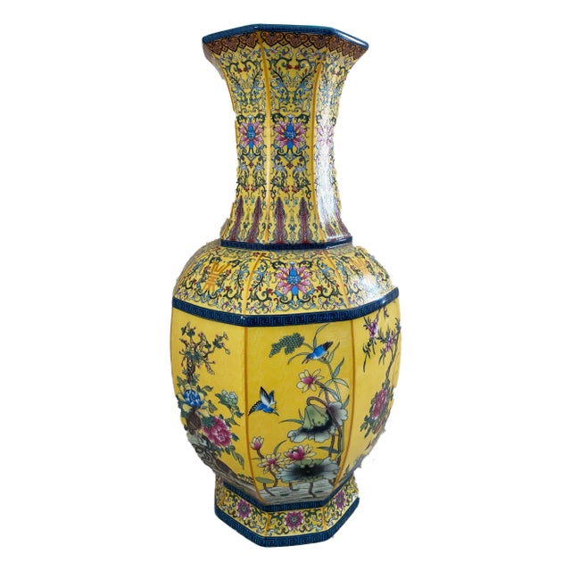 Vintage Famille Jaune Octagonal Shaped Vase 20"h For Sale - Image 13 of 13