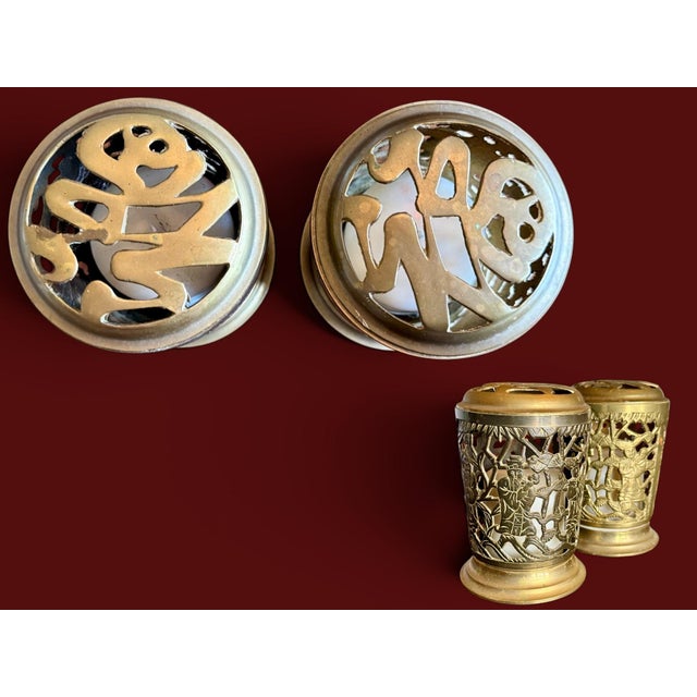 Metal Vintage Brass Chinese Immortal Lanterns Pair-Candle-Incense Holders-Asian-Boho For Sale - Image 7 of 11