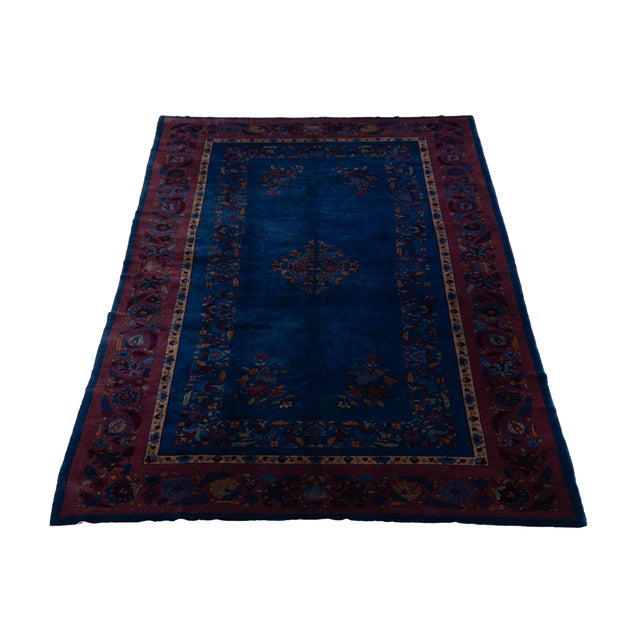 Textile Early 20th Century Antique Chinese Art Deco Wool Rug in Cobalt Blue & Plum For Sale - Image 7 of 12