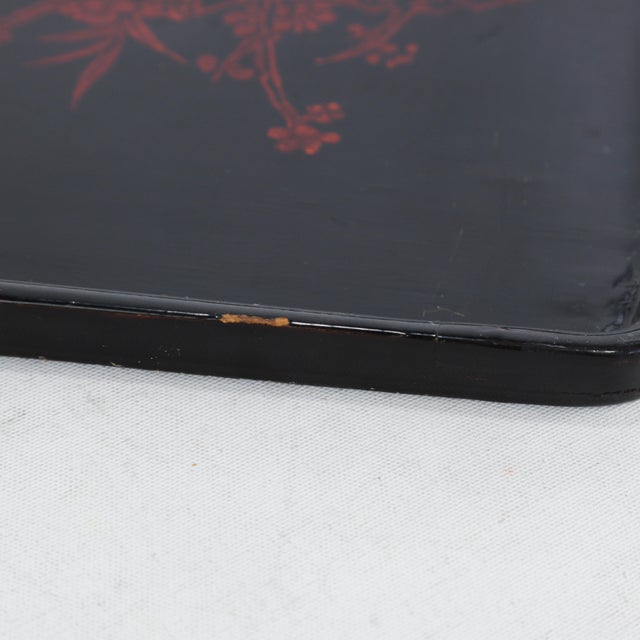 Vintage Chinese Black Lacquer Rectangular Serving Tray - Red and Gold Plum Blossom Motif For Sale - Image 14 of 16
