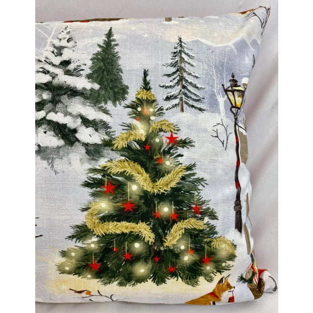 Festive Santa With Animal Friends Christmas Themed Bolster Pillow With Red Velour-Like Back - Made in U K For Sale - Image 4 of 12