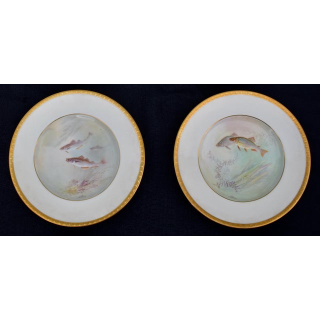 Set of 4 Antique Minton for Tiffany Hand Painted Fish Cabinet Plates Gold Rim For Sale - Image 12 of 14