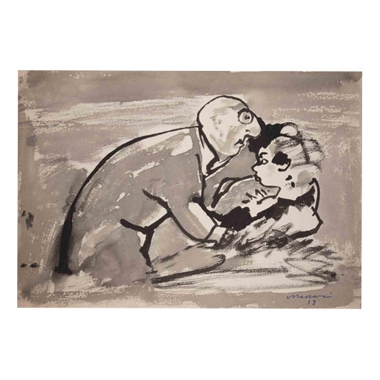 Mino Maccari, The Couple, 1958, Watercolor For Sale