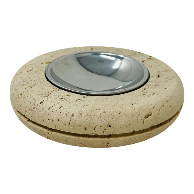 1970s Marble Art Italian Travertine & Chrome 8" Centerpiece Ashtray For Sale