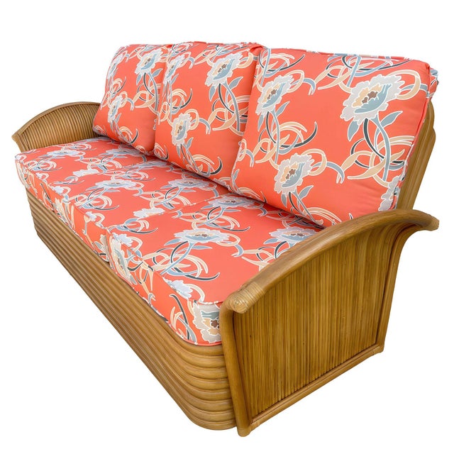Art Deco Restored 1930s "Golden Girls" Rattan "Fan Arm" Three-Seat One Piece Sofa For Sale - Image 3 of 8