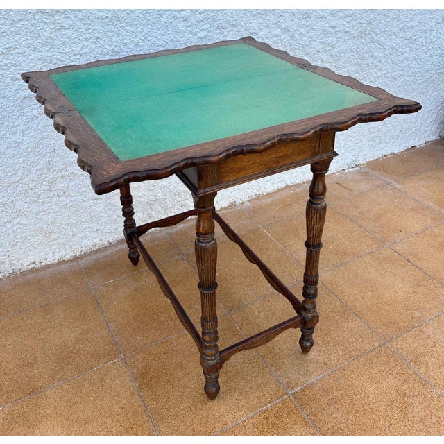 Spanish Carved Oak Games Table with Original Green Felt, 1920s For Sale - Image 4 of 13