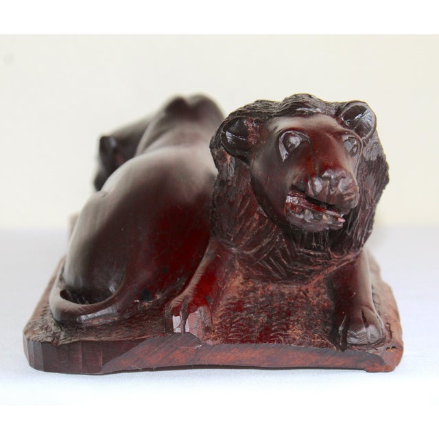 Wood Vintage Hand-Carved African Lion & Lioness Sculpture – Signed "Masaku" – African Ironwood Safari Folk Art For Sale - Image 7 of 15