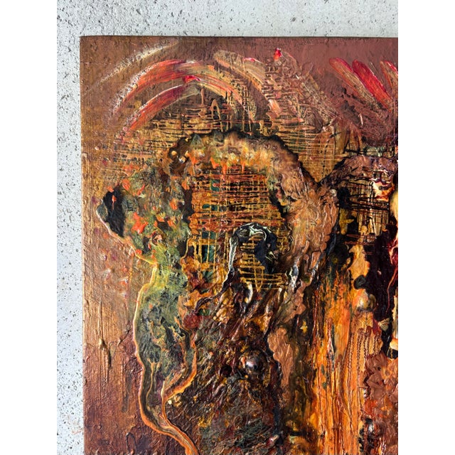 Burnt Orange Vintage Signed Brutalist Abstract Oil Painting on Faux Ostrich Canvas, 1970s For Sale - Image 8 of 10