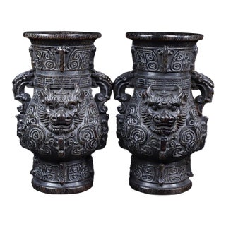 Late 19th Century Pair of Carved Faux Horn Beast-Face Vases With Handles For Sale