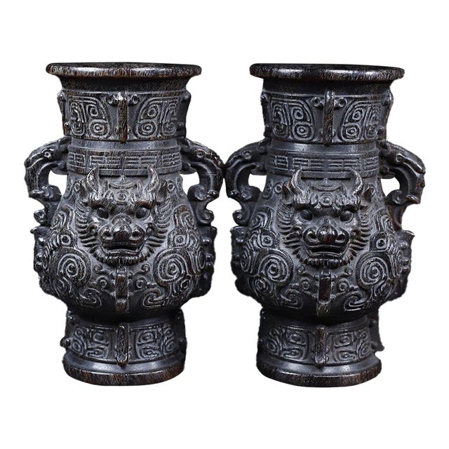 Late 19th Century Pair of Carved Faux Horn Beast-Face Vases With Handles For Sale