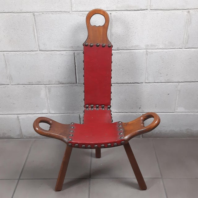 Set of Spanish Brutalist Chair in Wood & Red Leather, 1960s For Sale - Image 9 of 18
