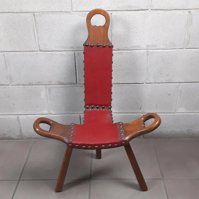 Spanish Brutalist Chair in Wood & Red Leather, 1960s, Set of 2 For Sale - Image 9 of 18