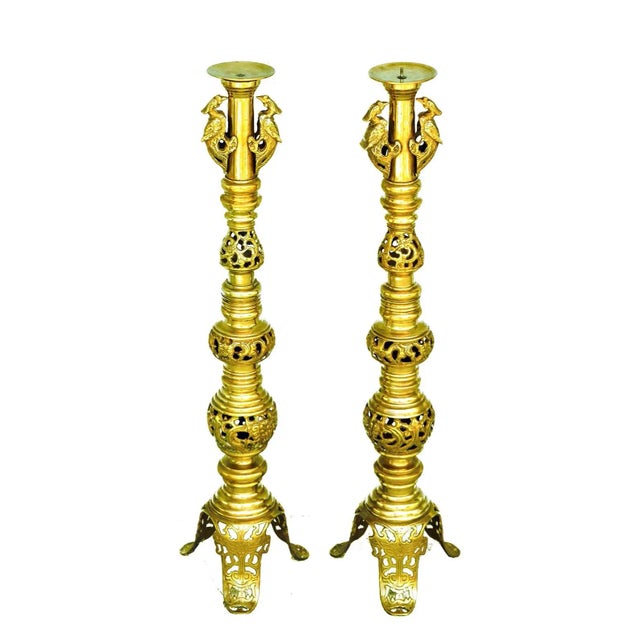 Early 20th Century Large Chinoiserie Brass Floor or Alter Candlesticks, a Pair For Sale - Image 11 of 11