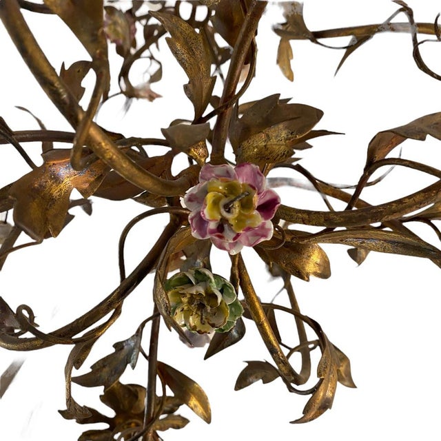 Metal Golden Floral Lamp in Brass and Porcelain, 1930s For Sale - Image 7 of 9