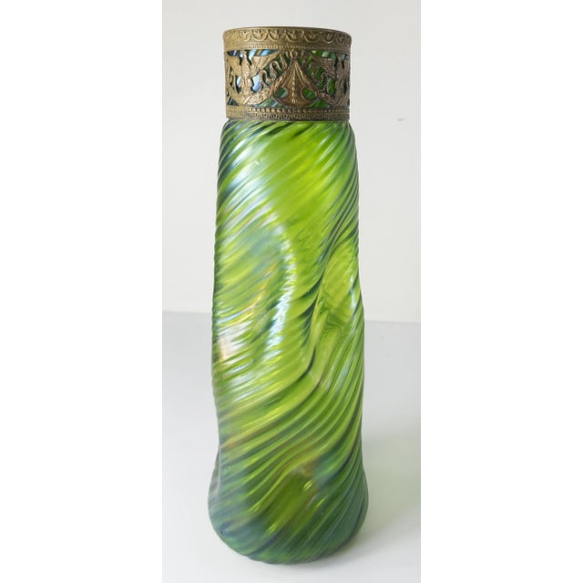 19th Century Bohemian Iridescent Green Art Glass Vase Probably Kralik or Loetz For Sale In New York - Image 6 of 11