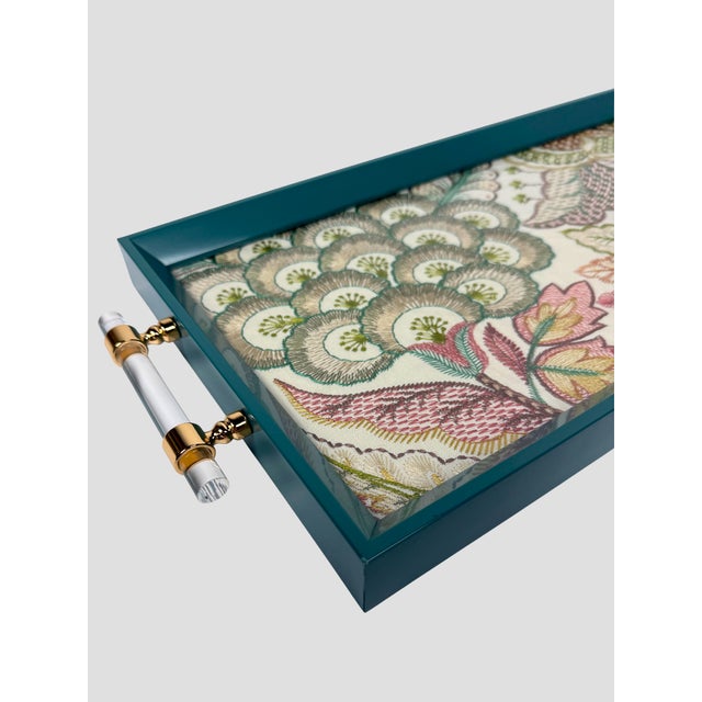 Textile Custom Tray Lee Jofa Embroidered Linen Teal For Sale - Image 7 of 11