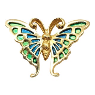 Vintage Circa 1971 Signed Napier Green & Blue Enamel Butterfly Brooch For Sale