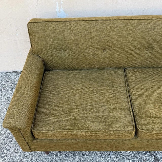 Vintage Mid Century Modern Greenish Brown Tufted 82" Sofa Couch W/ Walnut Legs For Sale - Image 4 of 18