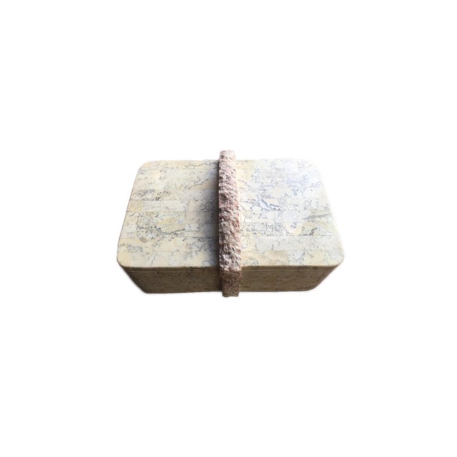 Classic Maitland Smith box of tessellated travertine and rose quartz over mahogany.