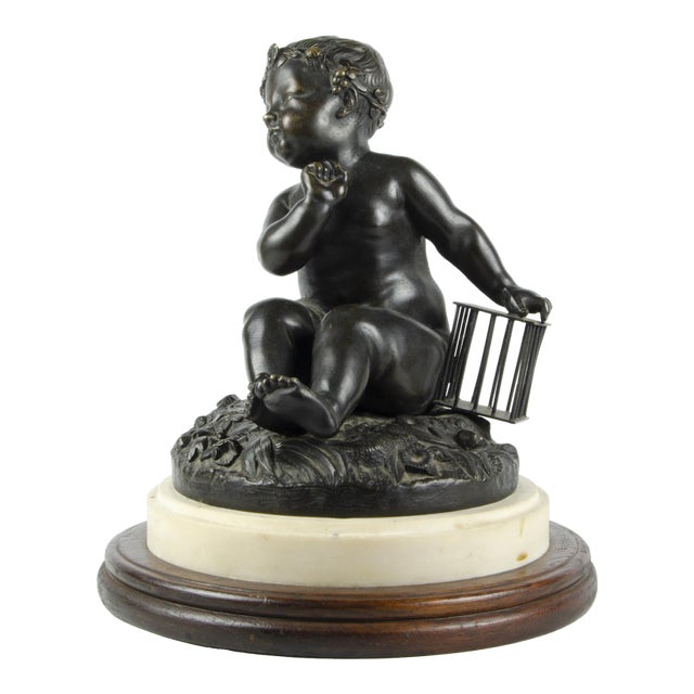 19th-Century Patinated Bronze Sculpture of a Child Holding a Birdcage Based on a Design by Jean-Baptiste Pigalle, France For Sale