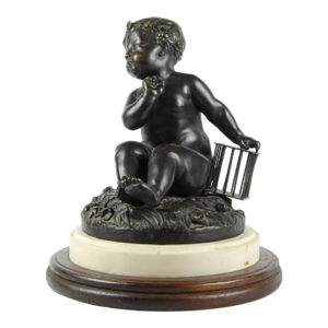 19th-Century Patinated Bronze Sculpture of a Child Holding a Birdcage Based on a Design by Jean-Baptiste Pigalle, France