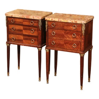 Pair of Mid-Century French Louis XVI Marble Top Nightstands For Sale