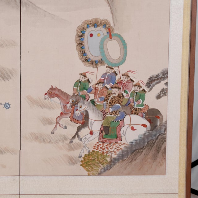 Asian Antique South Korean "The Hunting" Mid-20th Century Byeongpung (Byobu) 4-Panel Folding Screen ~ Very Good + For Sale - Image 3 of 11