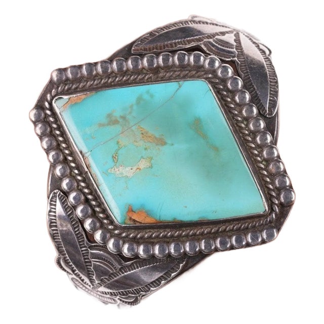6.5" 40's-50's Navajo Stamped Silver Twisted Wire Bracelet With Turquoise For Sale