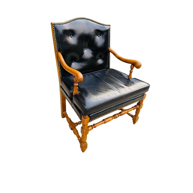 Barnard & Simonds Vintage Barnard & Simonds Black Leather Armchair | 1960s American Traditional | Button-Tufted Leather & Bobbin-Turned Wood For Sale - Image 4 of 18