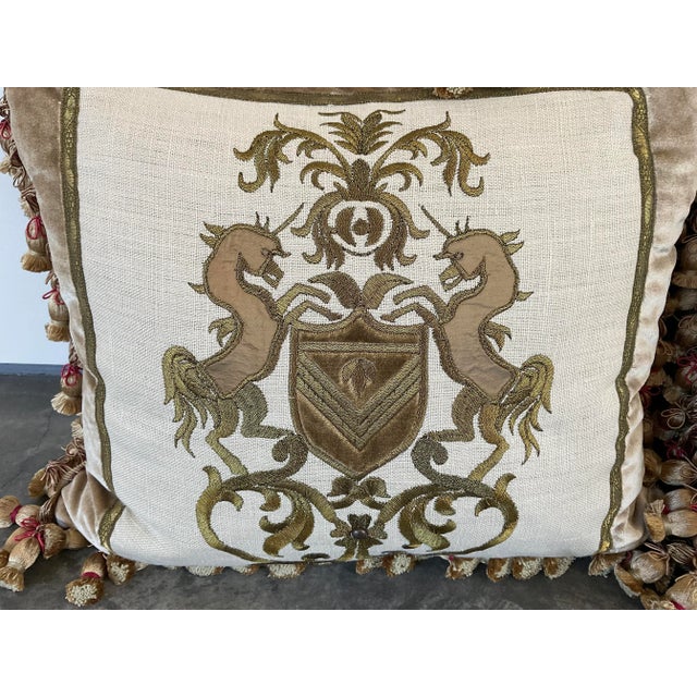 Embroidery Silk & Velvet Crest Pillows with Tassel Trim - a Pair For Sale - Image 4 of 9
