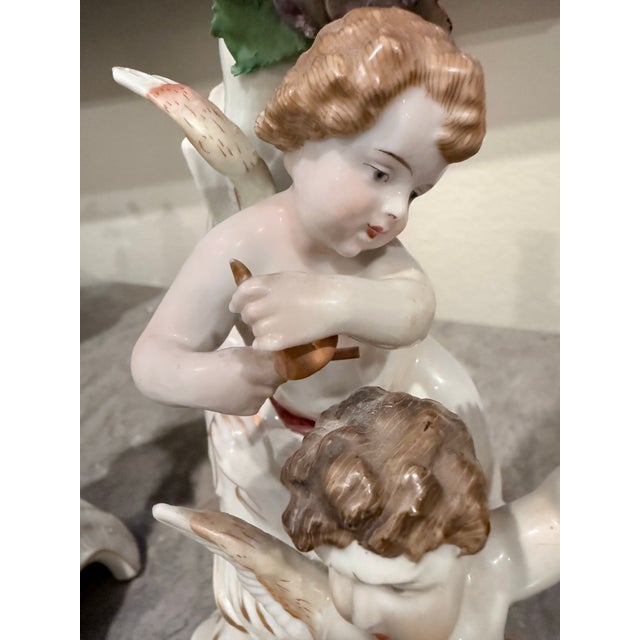 Late 19th Century Von Schierholz Handmalerei Dresden Cherub Putti Flower Candle Holders-Pair For Sale - Image 5 of 12