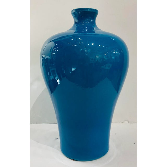 Modern Large Blue Glaze Porcelain Vases Pair For Sale - Image 3 of 5