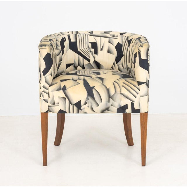 Modern Silk Upholstered Club Chair, with abstract navy and offwhite print above four tapered walnut legs. 26" H x 23" W x...