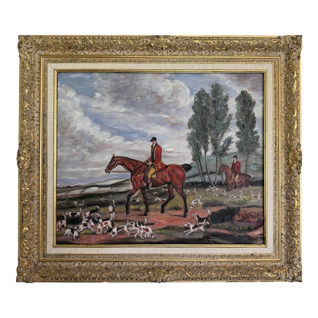 Fox Hunt Oil Painting Equestrian Scene With Horses and Hounds, Landscape For Sale