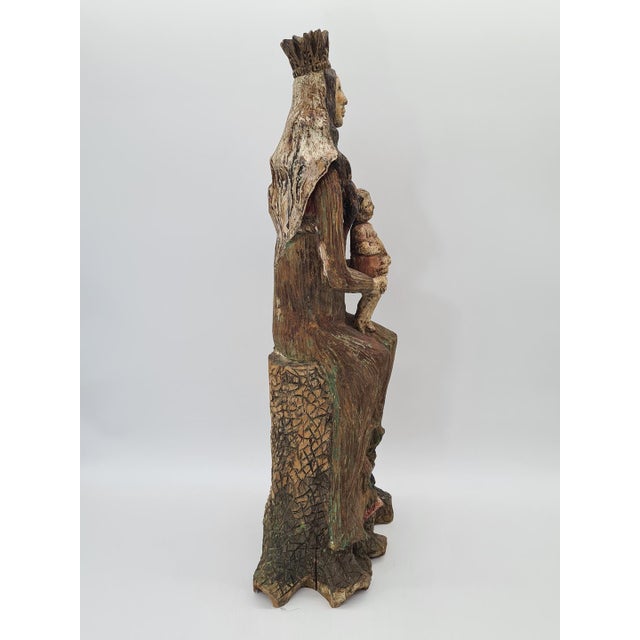 Wood Hand-Carved and Polychromed Wooden Folk Sculpture of the Virgin Mary with Child, Early 20th Century For Sale - Image 7 of 15
