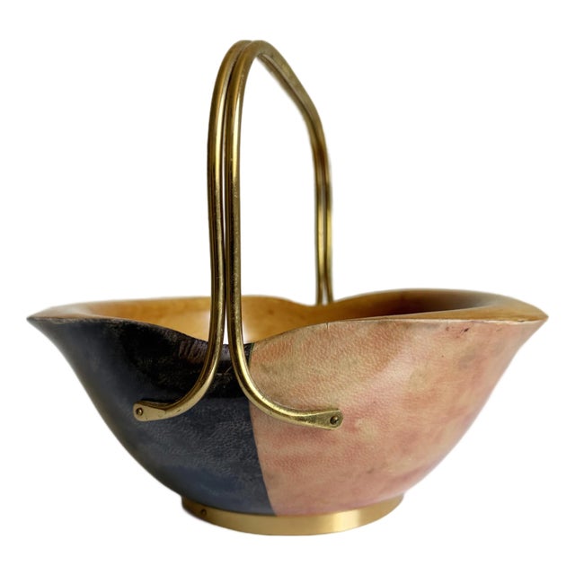 Aldo Tura for Macabo Cusano Goat Leather, Wood, & Brass Handled Bowl, Italy 1960s For Sale